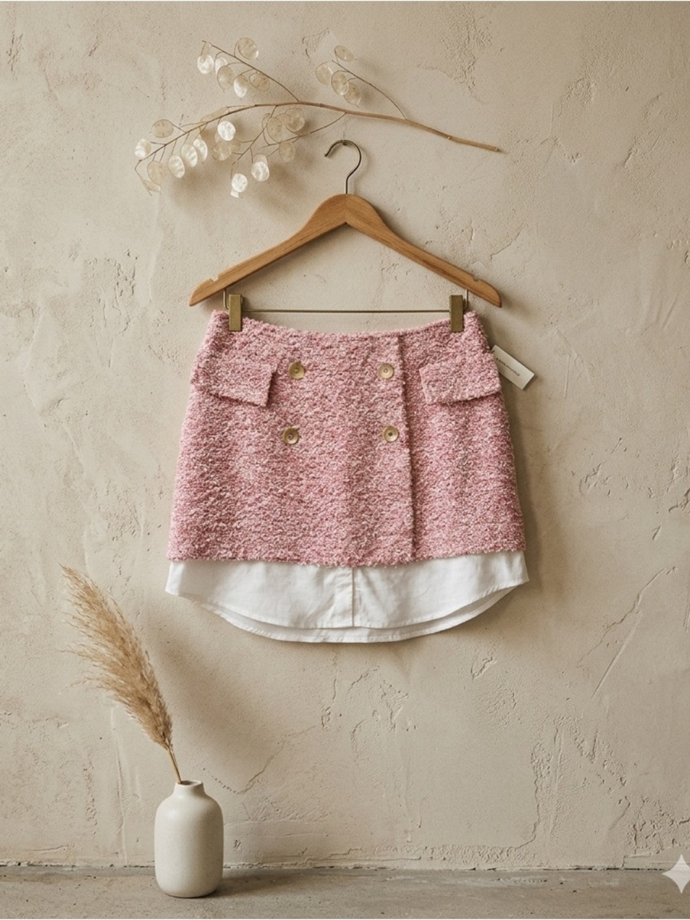 Anthropologie Maeve Pink Tweed Mini Skirt Layered White Shirttail NWT 8